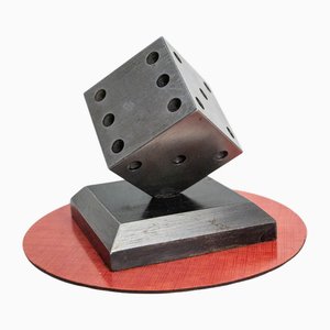 Mid-Century Red Laminate & Steel Playing Dice Paperweight, 1960s