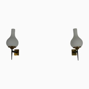 Brass and Opaline Wall Lamps attributed to Stilnovo, Italy, 1960s, Set of 2