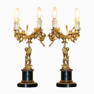 Victorian Gilt Bronze Marble Cherub Candelabra Table Lamps, Set of 2