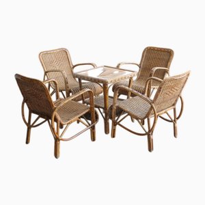 Wicker Chairs and Coffee Table, 1950s, Set of 5
