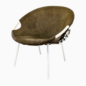 Mid-Century Balloon Chair aus Olivgrünem Wildleder & Metall von Lusch &Co.