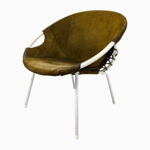Mid-Century Balloon Chair in Olive Suede & Metal from Lusch &Co.