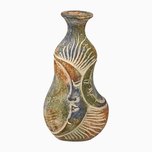 Vintage Ethnic Artistic Terracotta Vase with Multicolored Stylized Faces, 195s