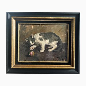 Frode Kierulf, Pittura impressionista danese, Gatto che gioca, 1916, Olio su tela, con cornice
