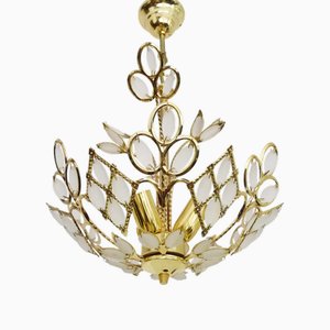 Floral Pendant Light with 3 Lights in Gold Metal & Glass, 1980s