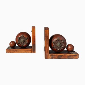 Fermalibri Art Deco in quercia con decorazioni in metallo, 1920, set di 2