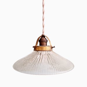 Holophane Pendant Light in Transparent Grooved Glass, 1920s