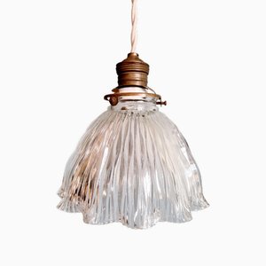 Holophane Pendant Light in Transparent Grooved Glass, 1920s