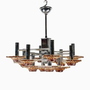 Lampadario a 12 luci in vetro di Murano ambrato e cromato e metallo cromato di Mazzega, Italia, anni '70