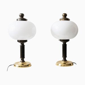 Vintage Table Lamps in White Opaline and Metal, 1980s, Set of 2