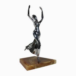 Karl Hagenauer, Dancer Figure, 1920s, Nickeled Metal & Onyx Base