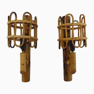 Vintage Rattan and Bamboo Lantern Wall Lights, 1950s, Set of 2