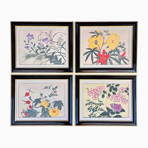 Gerahmte japanische Blumendrucke, 1950er, 4 . Set