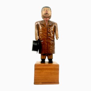 Sculpture Homme avec Chapeau et Tirelire en Bois Sculpté à la Main, Suède, 1910s