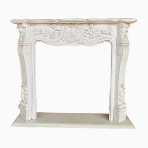 French Louis XV Style Hand-Carved White Marble Fireplace Mantle