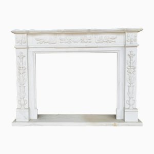 Hand-Carved White Marble Fireplace Mantle with Swan and Floral Relief