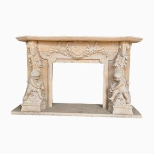 Hand-Carved Fireplace Mantle with Cherubs and Shield Cartouch