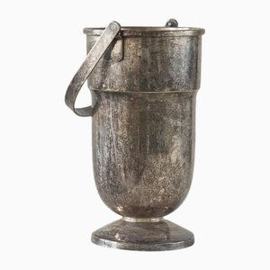 Art Deco Wine Cooler with Handle in Patinated Silver Plate, 1920s