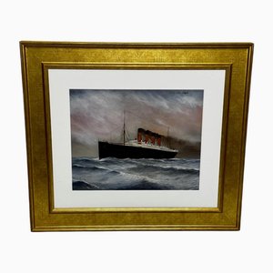 RMS Lusitania Cunard Line Capitán William Turner antes de ser hundido, años 50, pintura al óleo, enmarcado