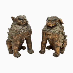 Statues d'Artiste Chinois, Chien Foo Sculpté, 1850, Bois, Set de 2