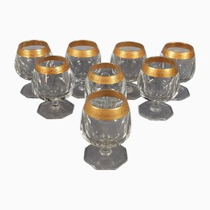 Set of Cut Crystal Glasses with Pure Gold Profiles and Floral Relief, Vintage 1950, Set of 8