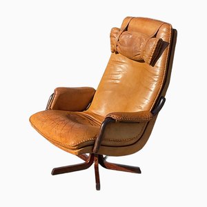 Sedia girevole Mid-Century moderna in pelle marrone chiaro, Danimarca, 1970