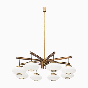 Brass Chandelier with 8 Glass Diffusers, 1950s