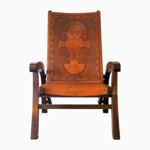 Teak and Tooled Leather Folding Chair by Angel I. Pazmino for Muebles De Estilo, Ecuador, 1970s