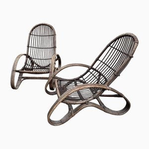 Chaise longue Mid-Century moderna in bambù di Tito Agnoli, Italia, anni '60, set di 2