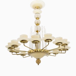 Großer Mid-Century Modern Kronleuchter aus Messing & Muranoglas