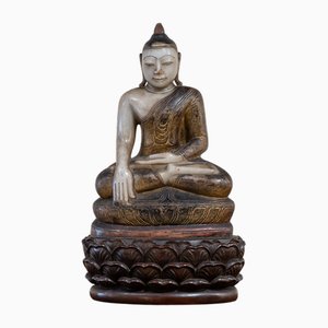Burmesischer Künstler, Buddha-Skulptur, 1700er, Alabaster & Holz