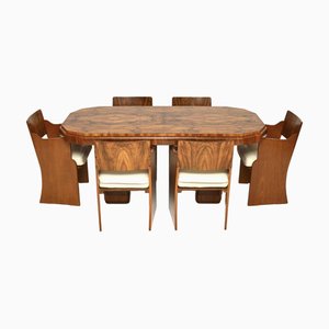 Art Deco Burr Walnut Dining Table and Chairs, 1930, Set of 7