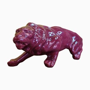French Art Deco Red Glazed Ceramic Lion Statue, 1930s