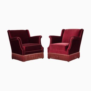 Danish Armchair in Cherry-Red Velour and Ash, 1960s