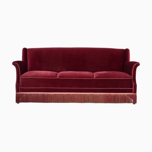 Danish 3-Seater Sofa in Cherry-Red Velour and Ash, 1960s
