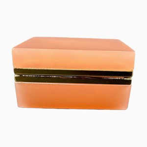 Antique French Salmon Pink Opaline Glass Storage Box with Polished Gilt Metal Edge, 1890s