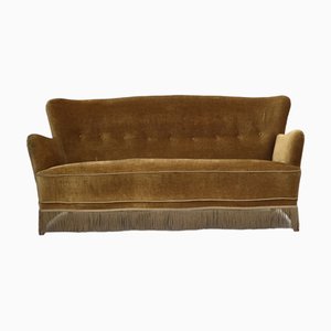 Danish 3-Seater Sofa in Honey-Yellow Velour and Beech, 1960s