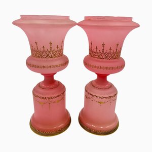 Medici Vasen aus Rosa Opalin mit Vergoldung & Emaille Verzierung & Messingumrandeten Füßen, 1890er, 2er Set