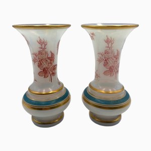 Soap Bubble Balustrade Vases in White Opaline Decorated with Roses, 1920s