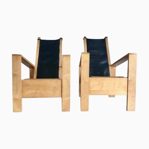 Vintage Oak and Leather Armchairs, 1980s, Set of 2