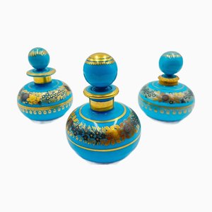 Turquoise Blue Opaline Bottles with Painted Golden Flowers Decoration, 1890s, Set of 3