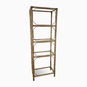 Wicker and Bamboo Bookcase with Glass Shelves, 1970s