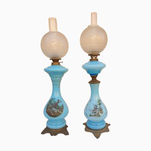 Lampade a olio antiche in vetro opalino blu, Francia, XIX secolo, set di 2