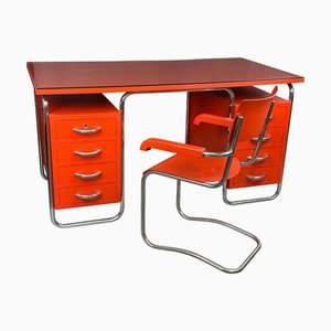 Röhrenförmiger Bauhaus Schreibtisch mit Chromsessel von Vichr a Spol, 1930er, 2er Set