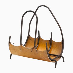 Cestino in pelle e acciaio in acciaio nero e pelle marrone chiaro con manici asimmetrici, Spagna, anni '60