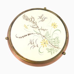 German Art Deco Round Ceramic Serving Tray with Copper Frame, 1940s