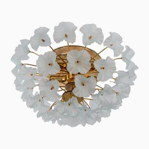 Gilt Brass Hibiscus Flush Mount Chandelier with Turquoise Glass Flowers, 1970s