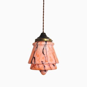 Lampada a sospensione Art Déco in ottone e opalino marmorizzato, anni '30