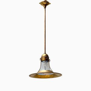 Arts and Crafts Brass Pendant with Blown Glass Shade, 1900s