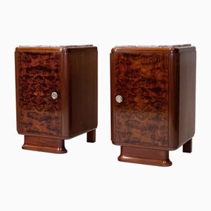 Art Deco Burr Fronted Bedside Cabinets with Marble Tops, 1930s, Set of 2